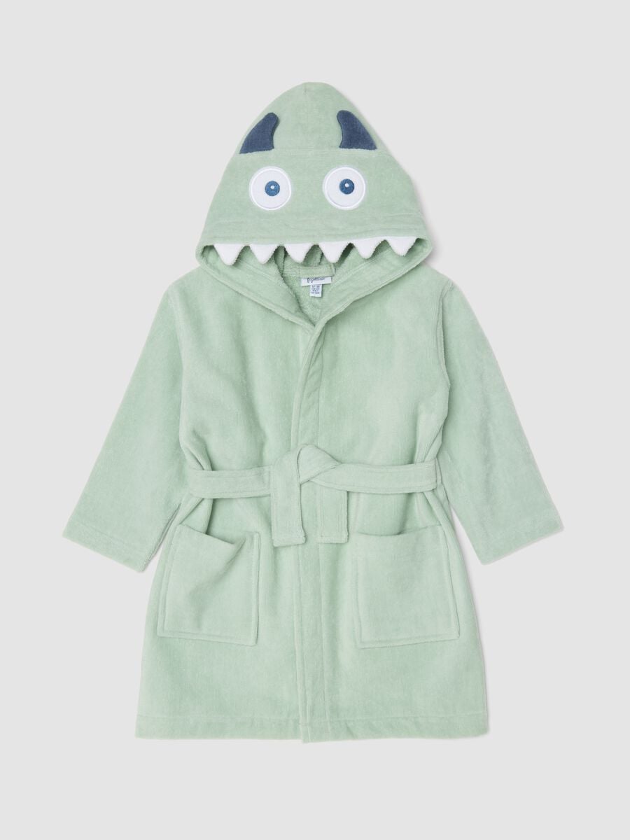 Accappatoio verde in cotone organico con cappuccio dinosauro per neonato e bimbo_0