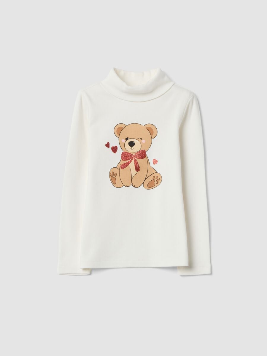 T-shirt bianca in puro cotone dolcevita con stampa orsetto_0
