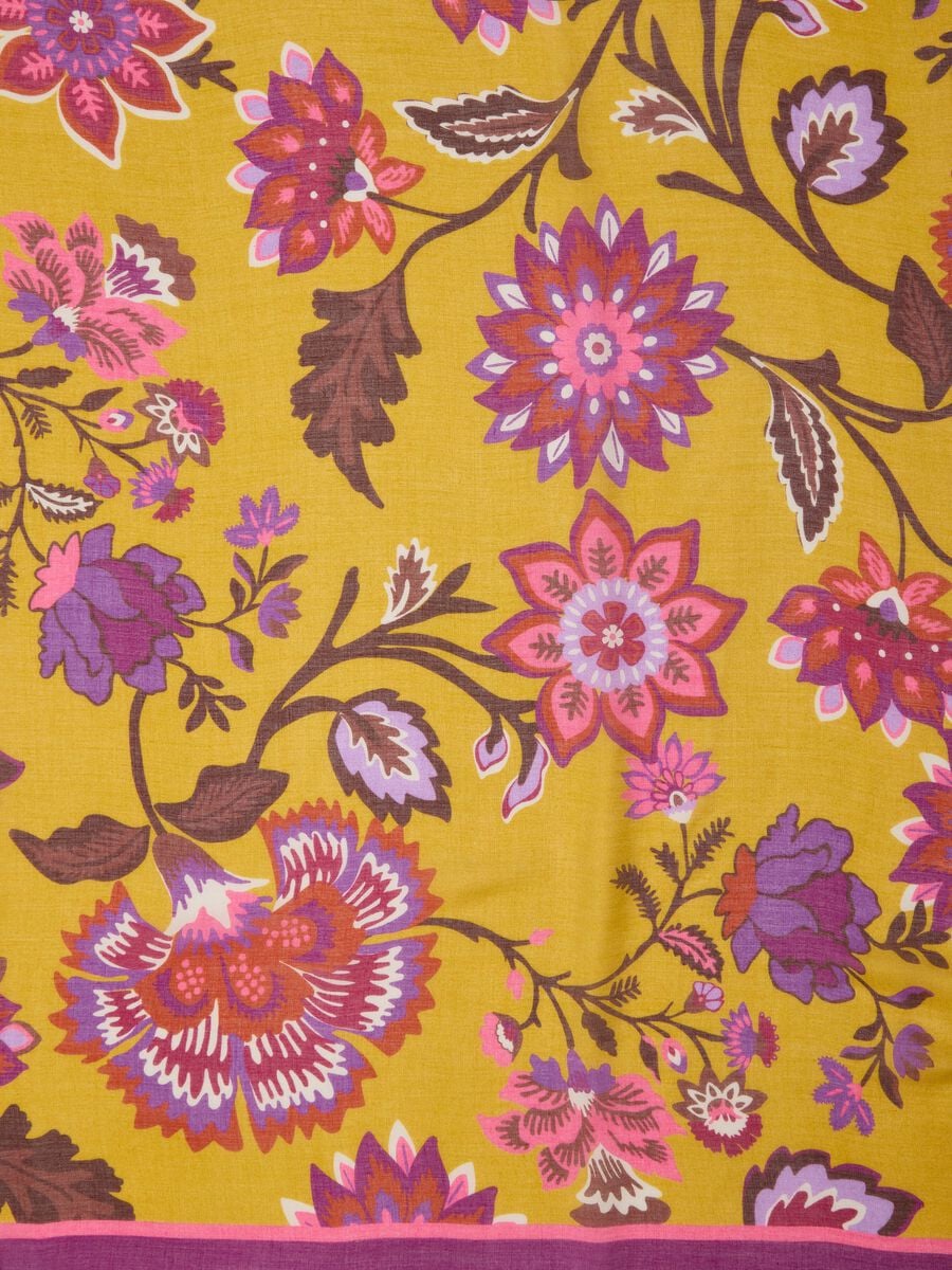 Purple pure viscose scarf with floral print and frayed edges_1
