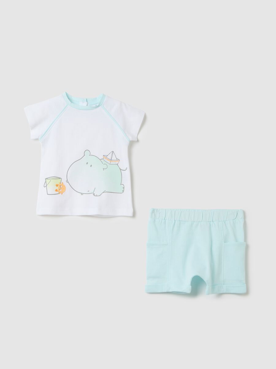 White and light blue shorts and T-shirt set in organic cotton with print_0