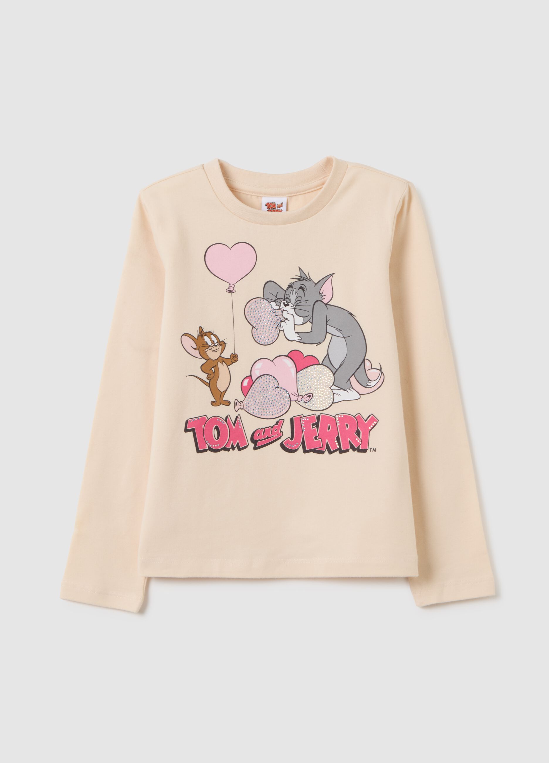Beige cotton girl's sweater regular fit with Tom and Jerry print