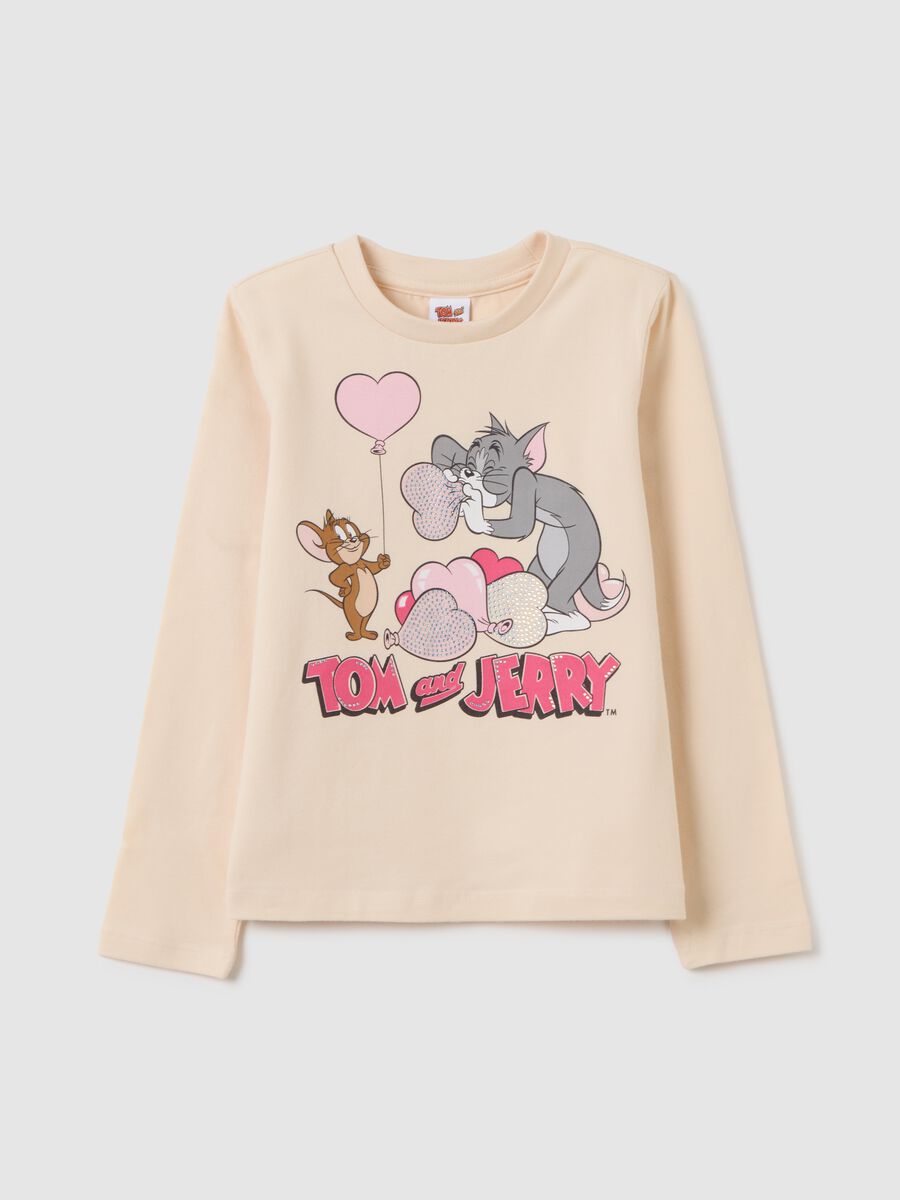 Beige cotton girl's sweater regular fit with Tom and Jerry print_0
