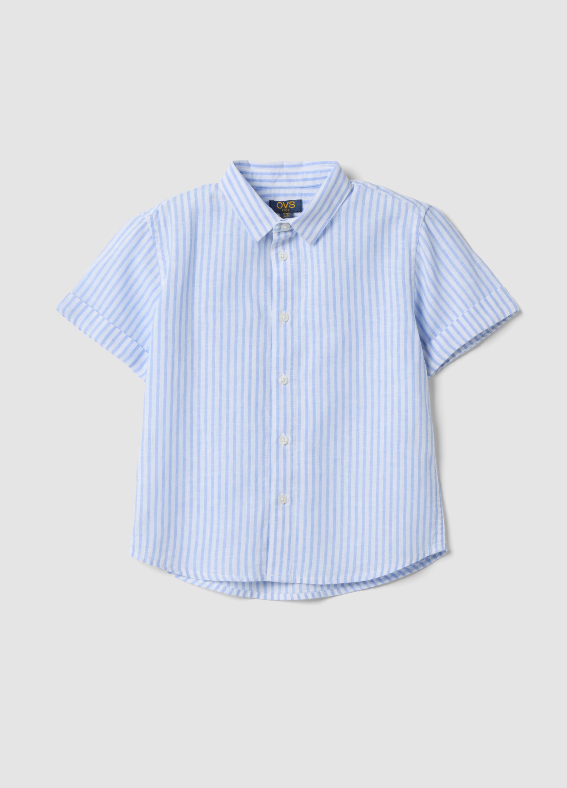 Boys' blue striped linen and cotton blend shirt, regular fit