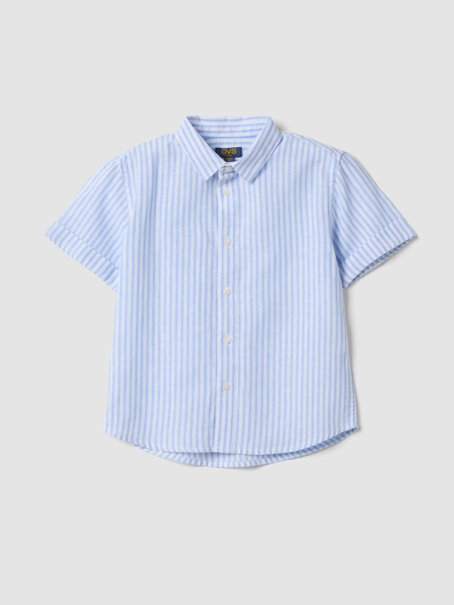 Boys' blue striped linen and cotton blend shirt, regular fit_0