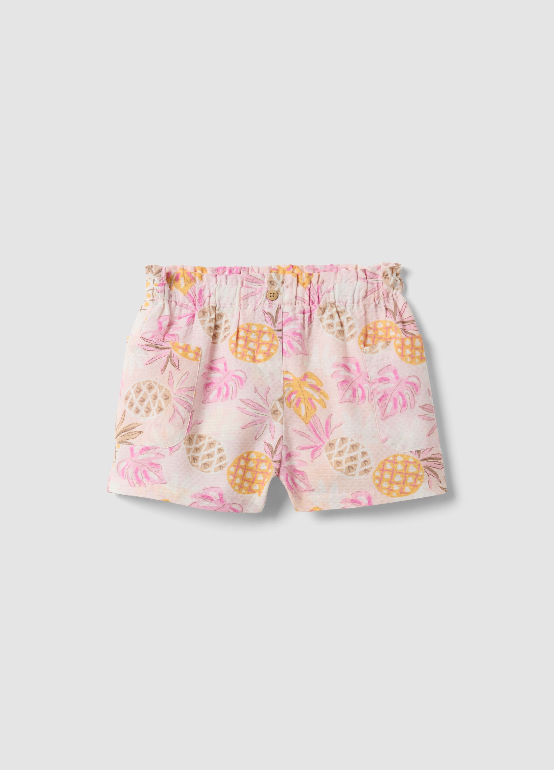 Pink pure cotton shorts with tropical print