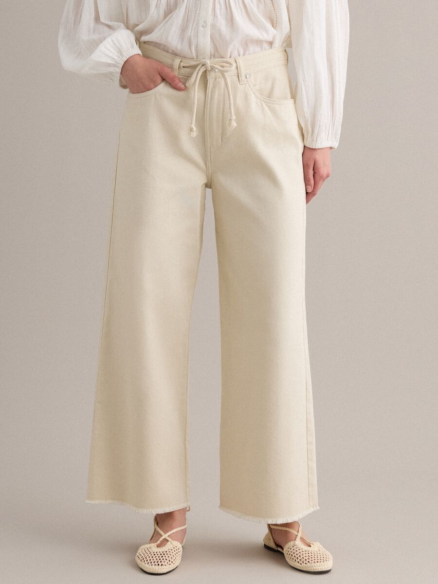 Pantaloni in puro cotone bianco straight fit con coulisse_1