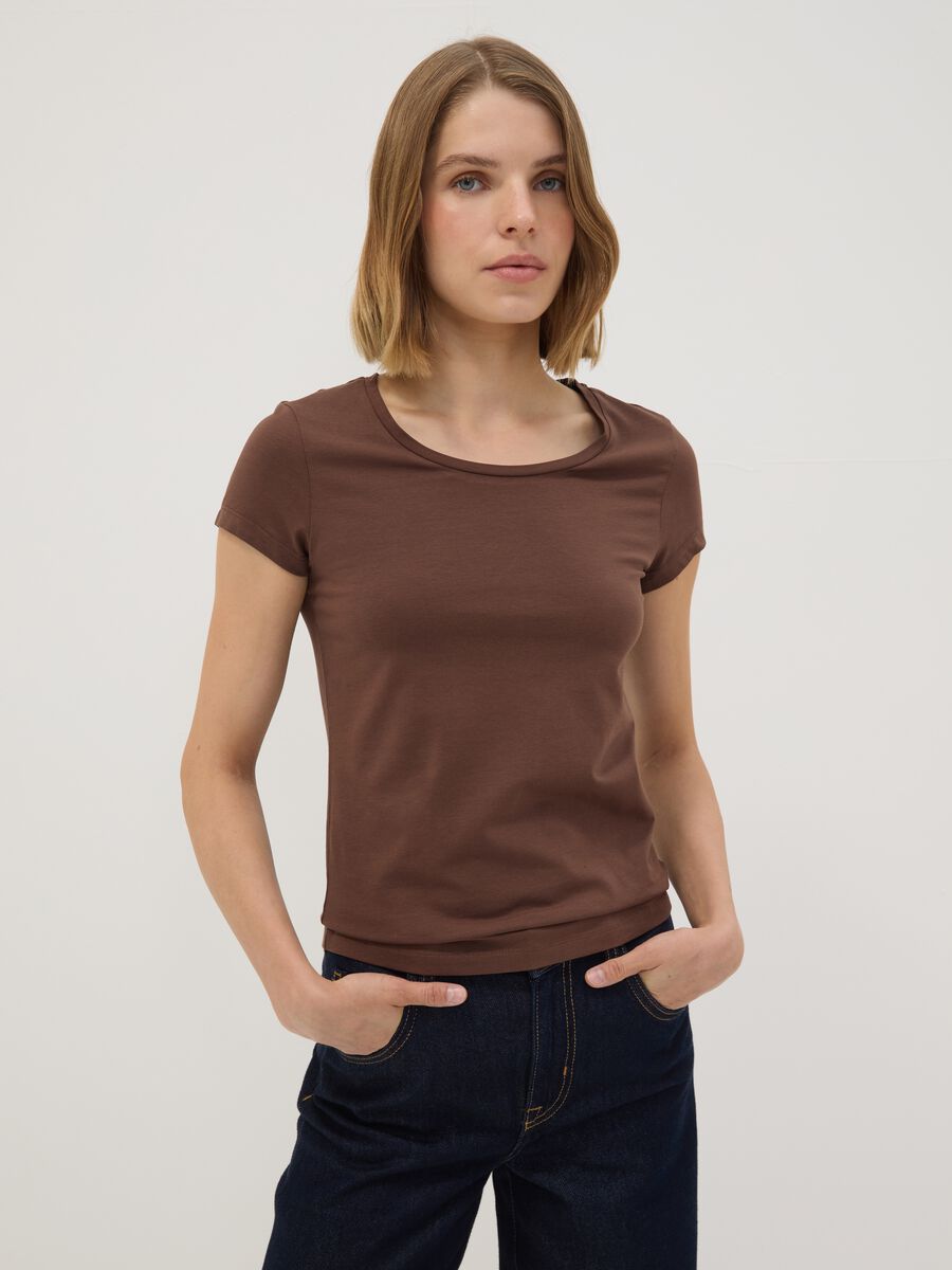 Brown stretch cotton crew-neck T-shirt, regular fit_1