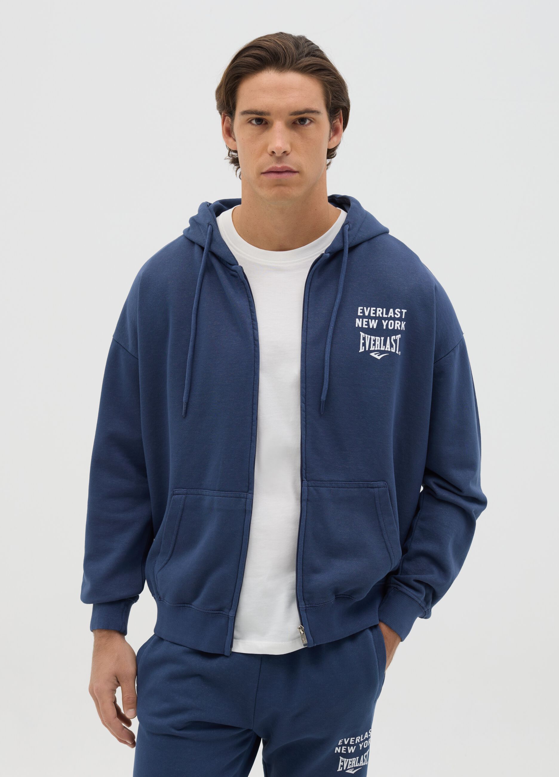 Blue full-zip sweatshirt with hood