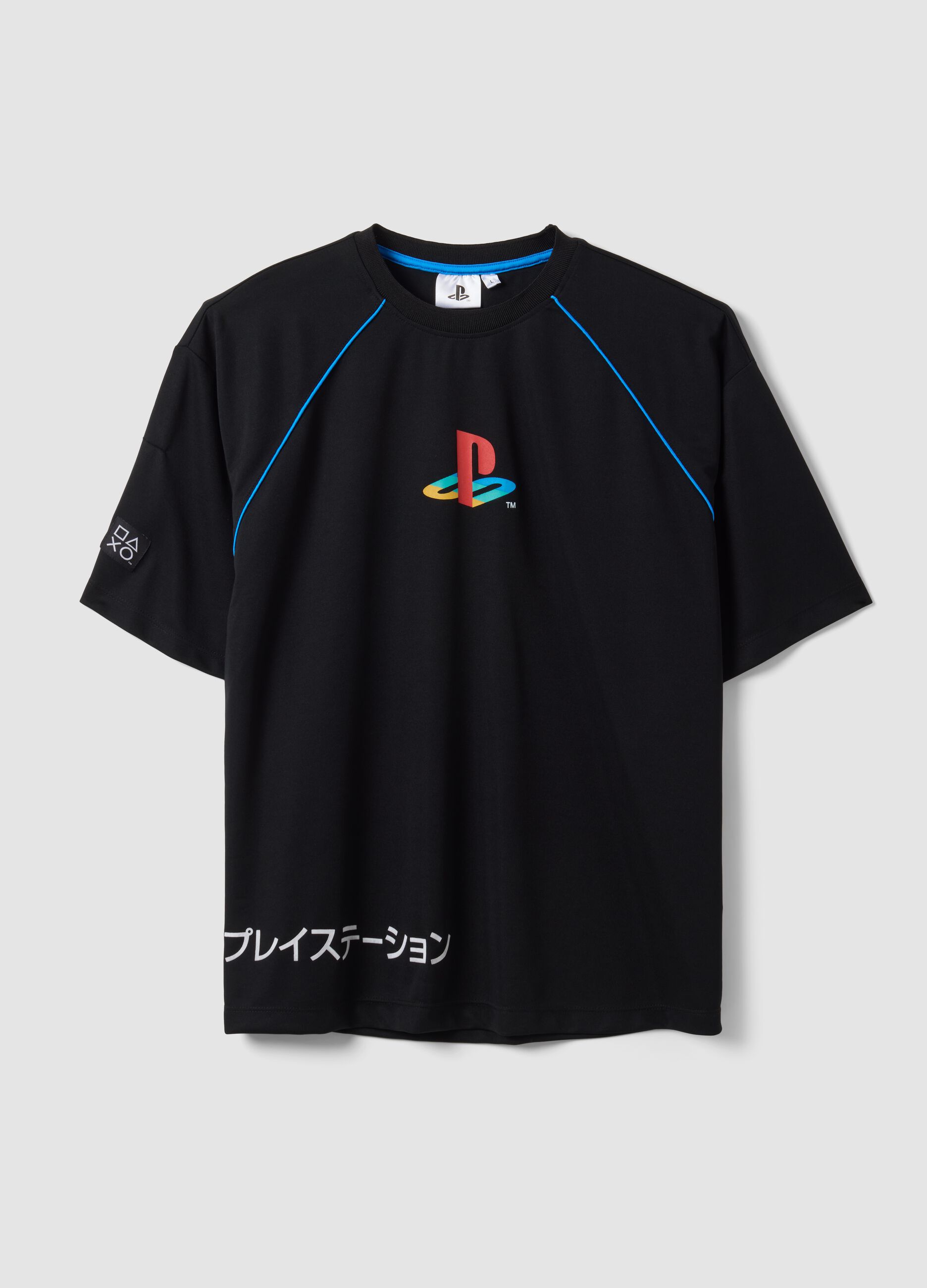 Black PlayStation T-shirt with logo and contrast piping