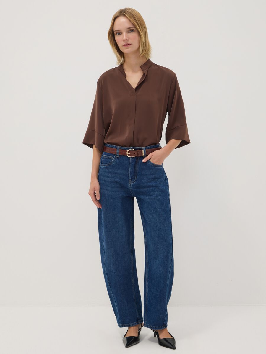Brown regular-fit blouse with mandarin collar_2