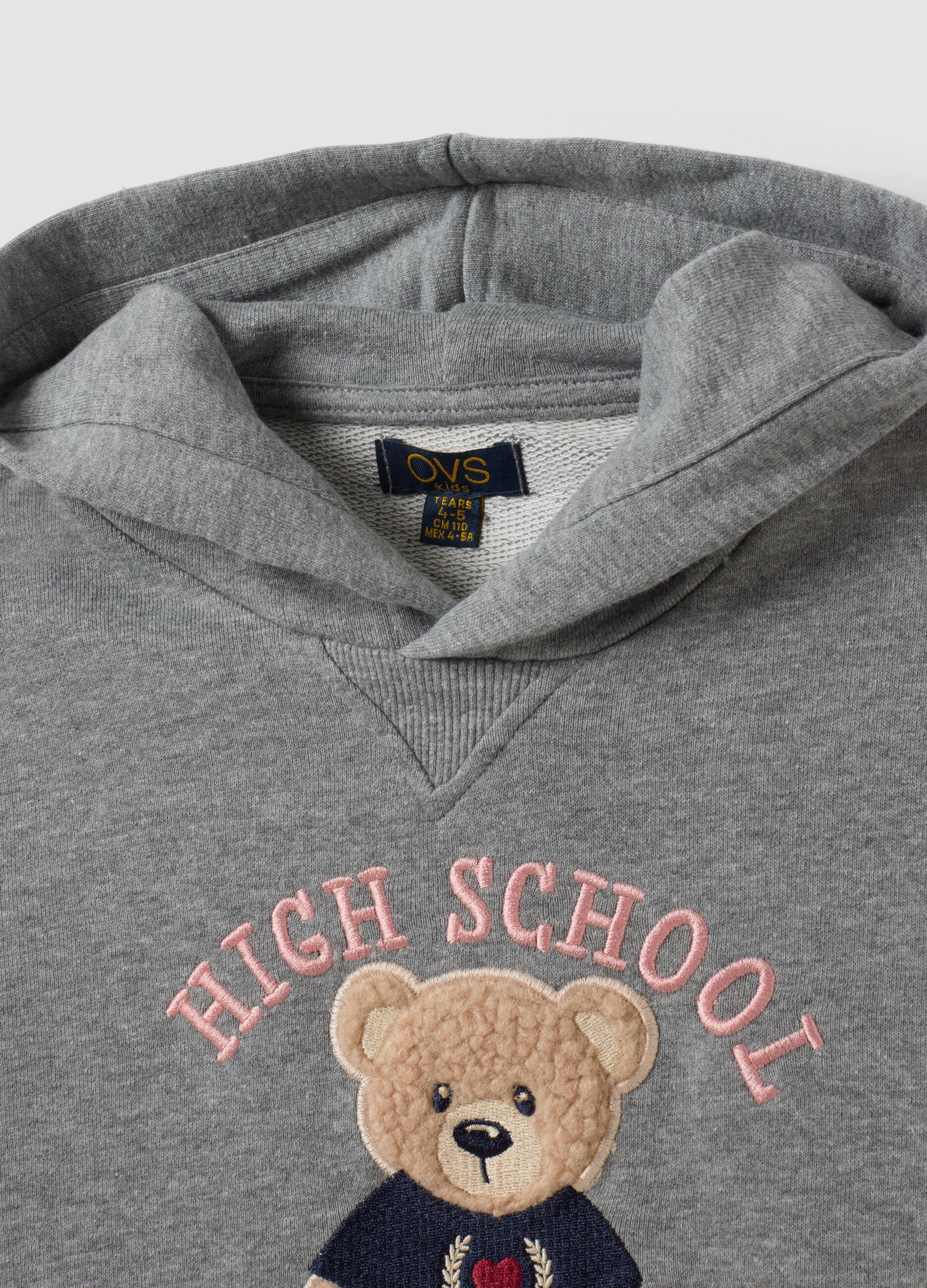 Grey cotton-viscose blend sweatshirt with embroidered teddy bear for girls