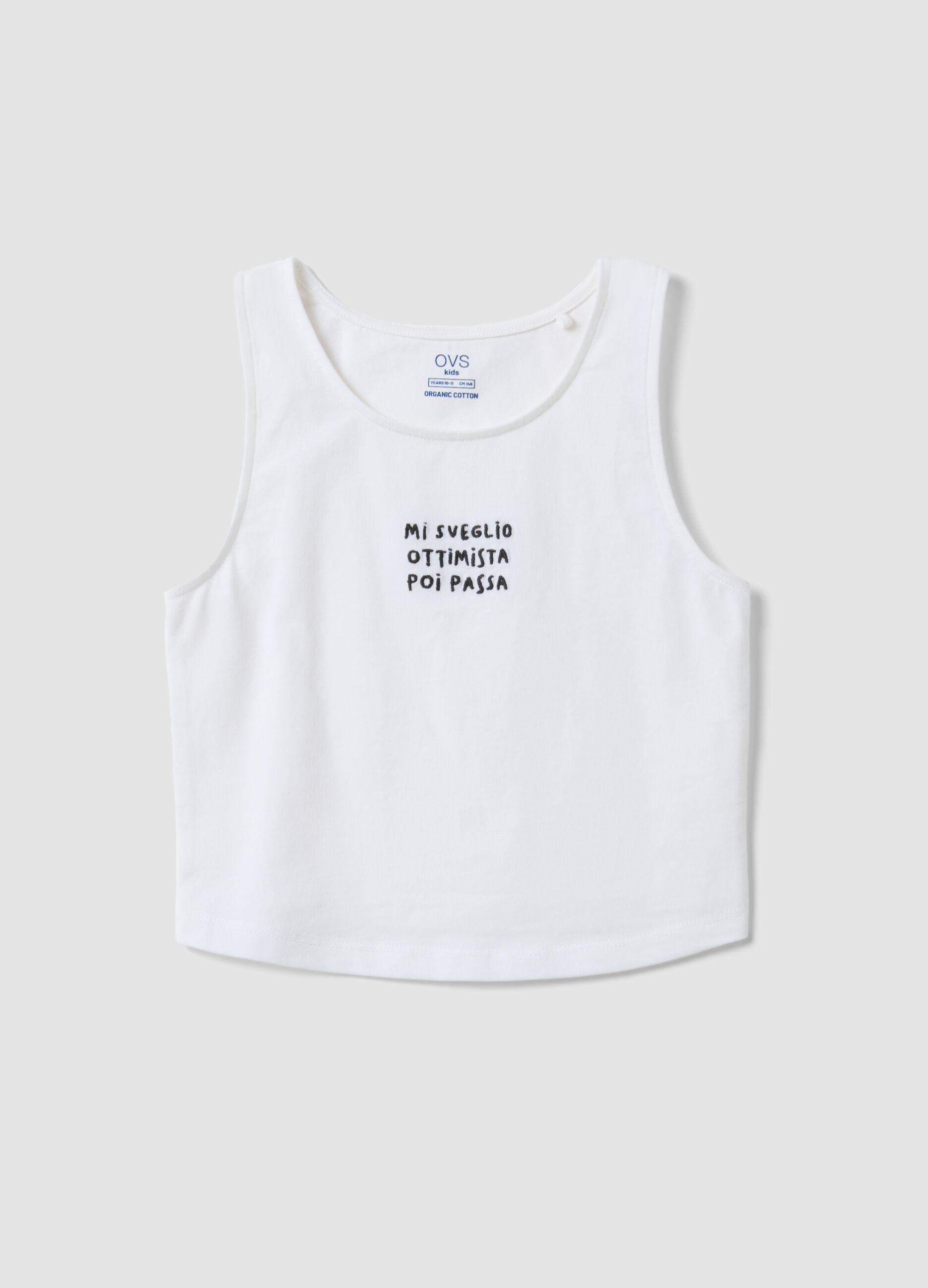 Girls&rsquo; white fitted stretch cotton vest top with embroidery