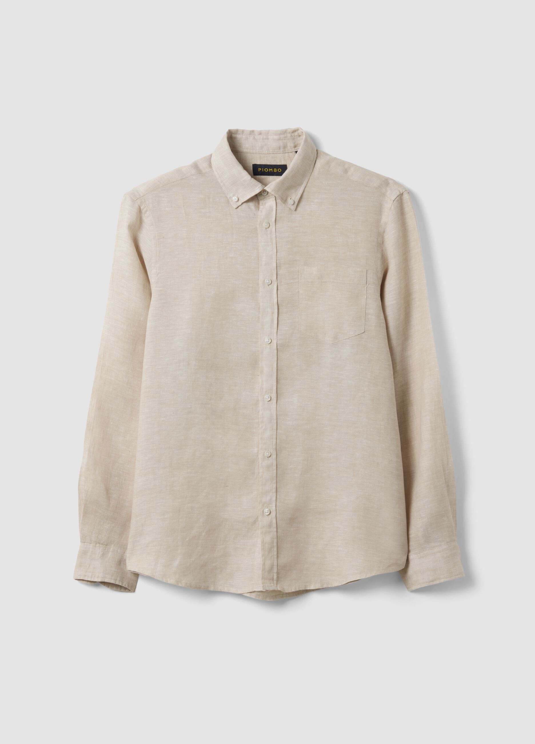 Beige pure linen shirt with button-down collar, regular fit