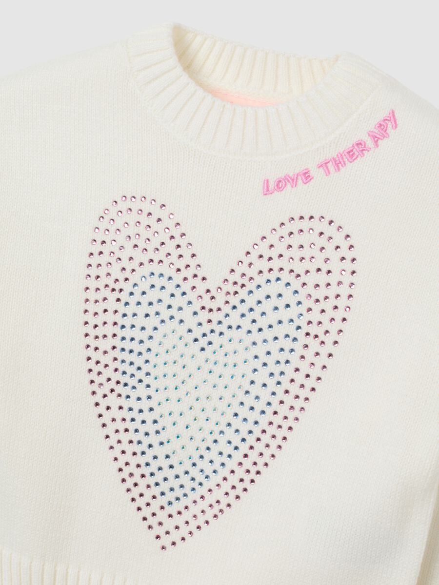 Girls' White Regular Fit Sweater with Rhinestones_2