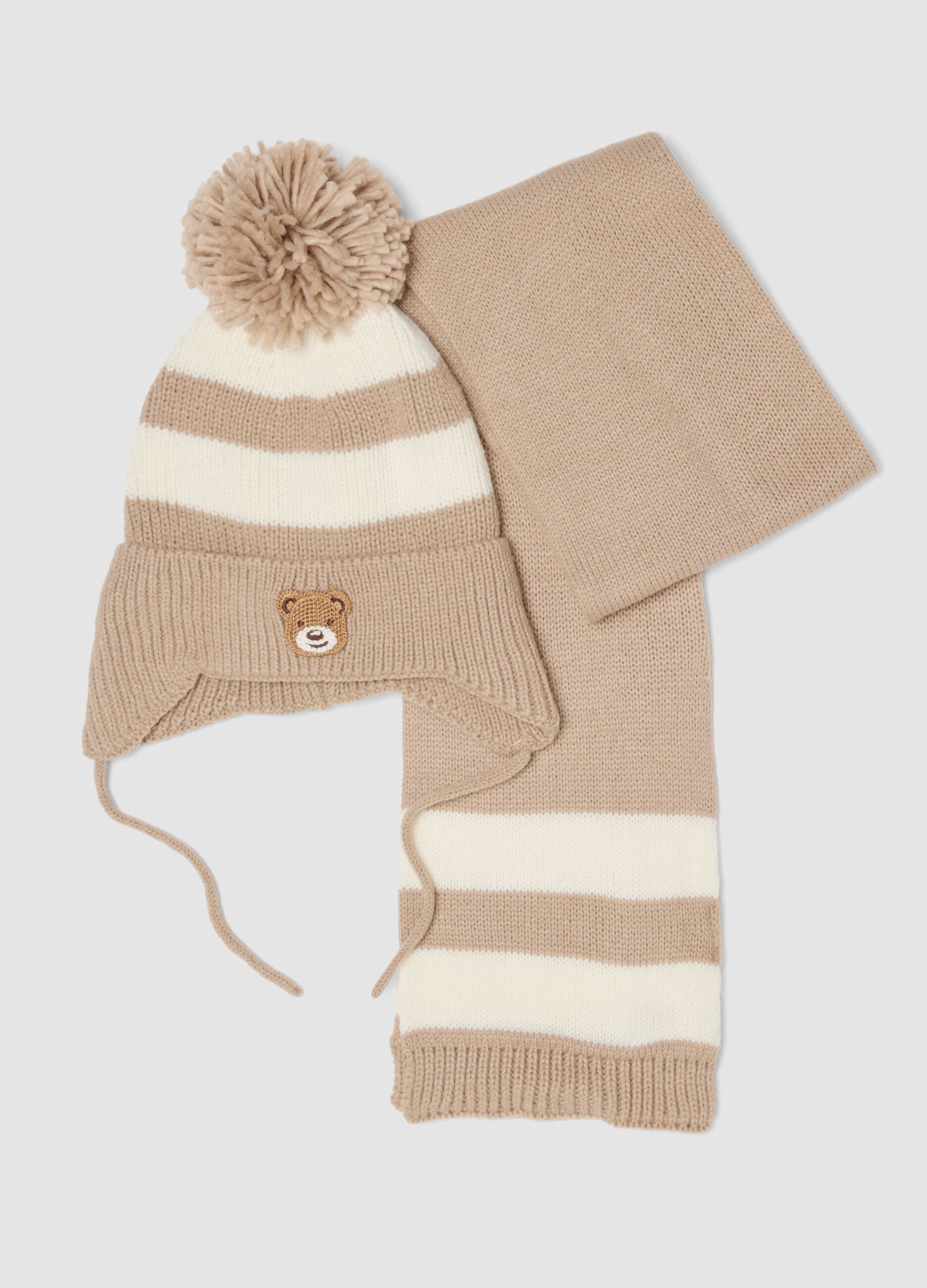 Brown knitted hat and scarf set with stripes