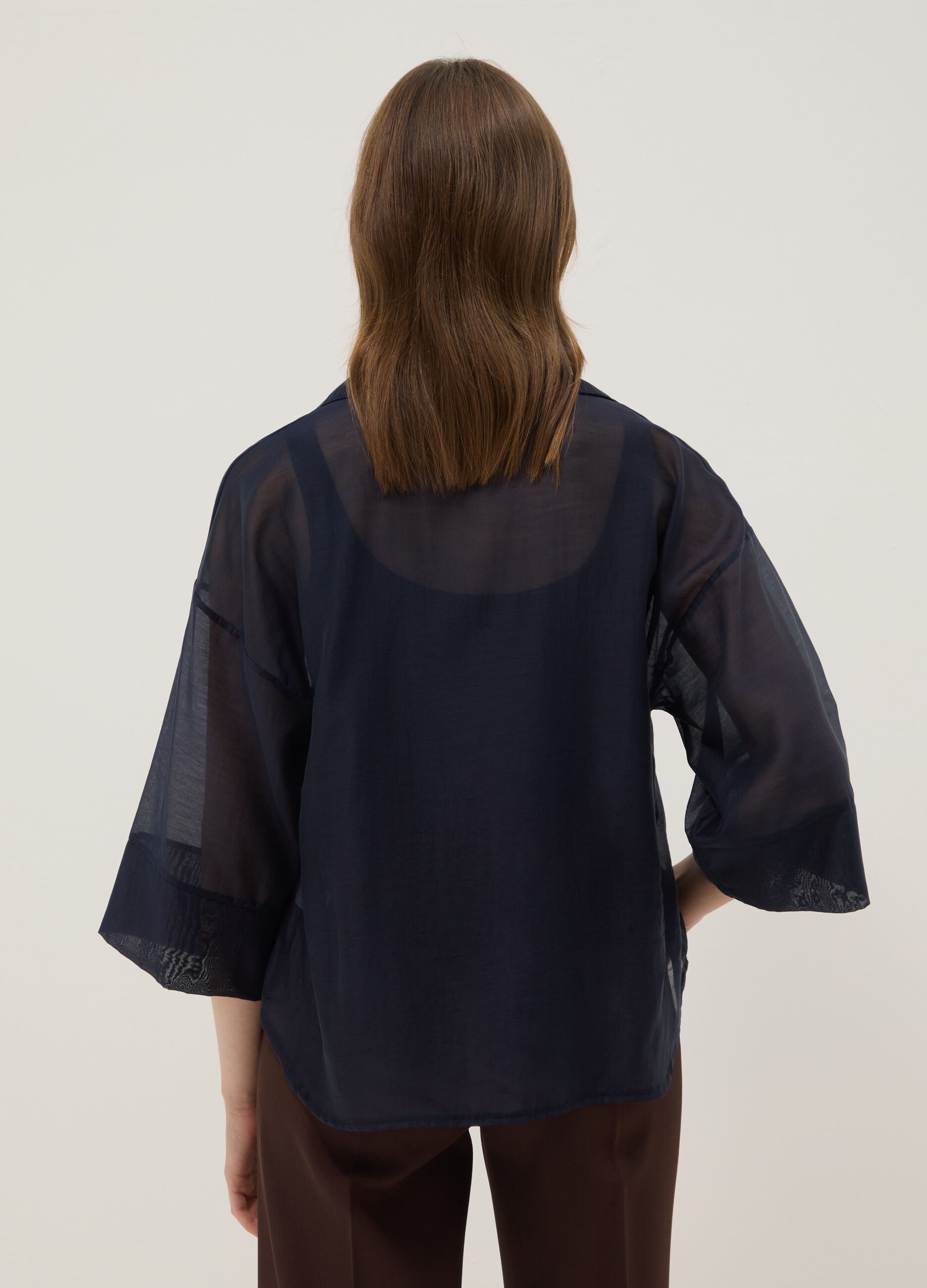 Blue long-sleeve viscose-blend blouse, regular fit