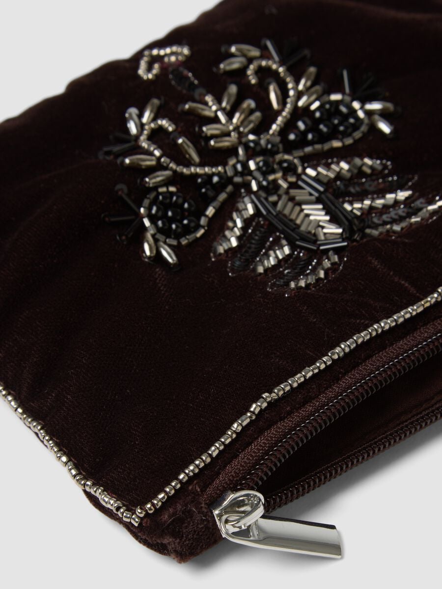 Brown pouch with beaded embroidery and zip_2