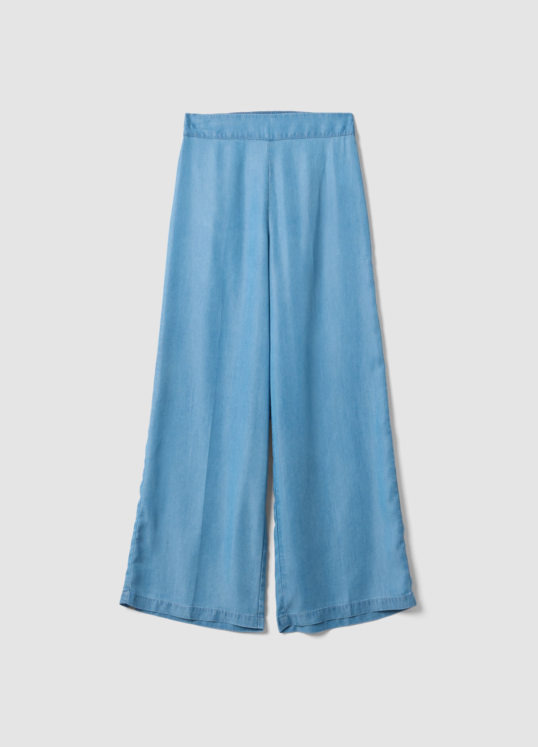 Light blue pure lyocell palazzo trousers with elasticated waist, wide-leg