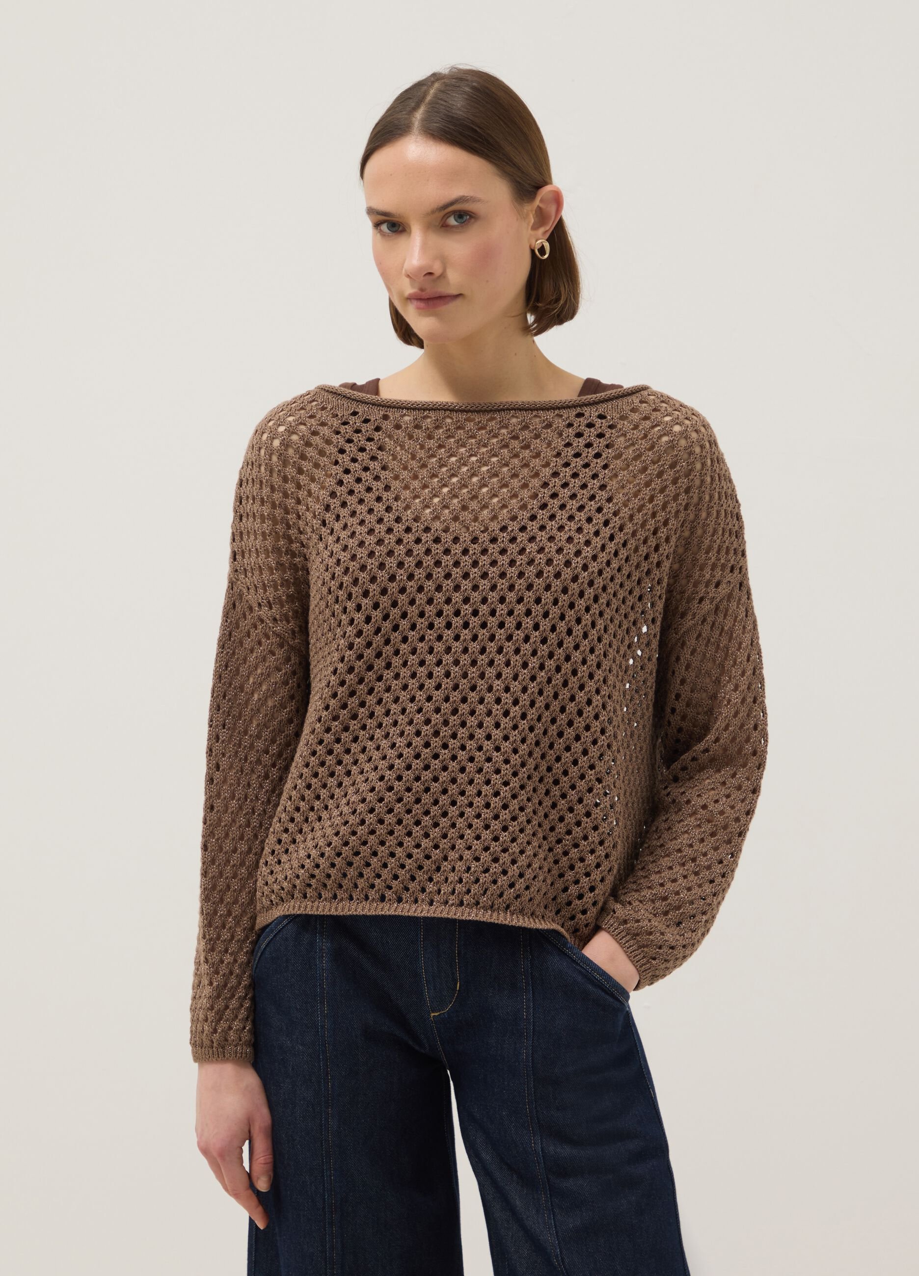 Brown cotton-blend oversized fit net texture jumper