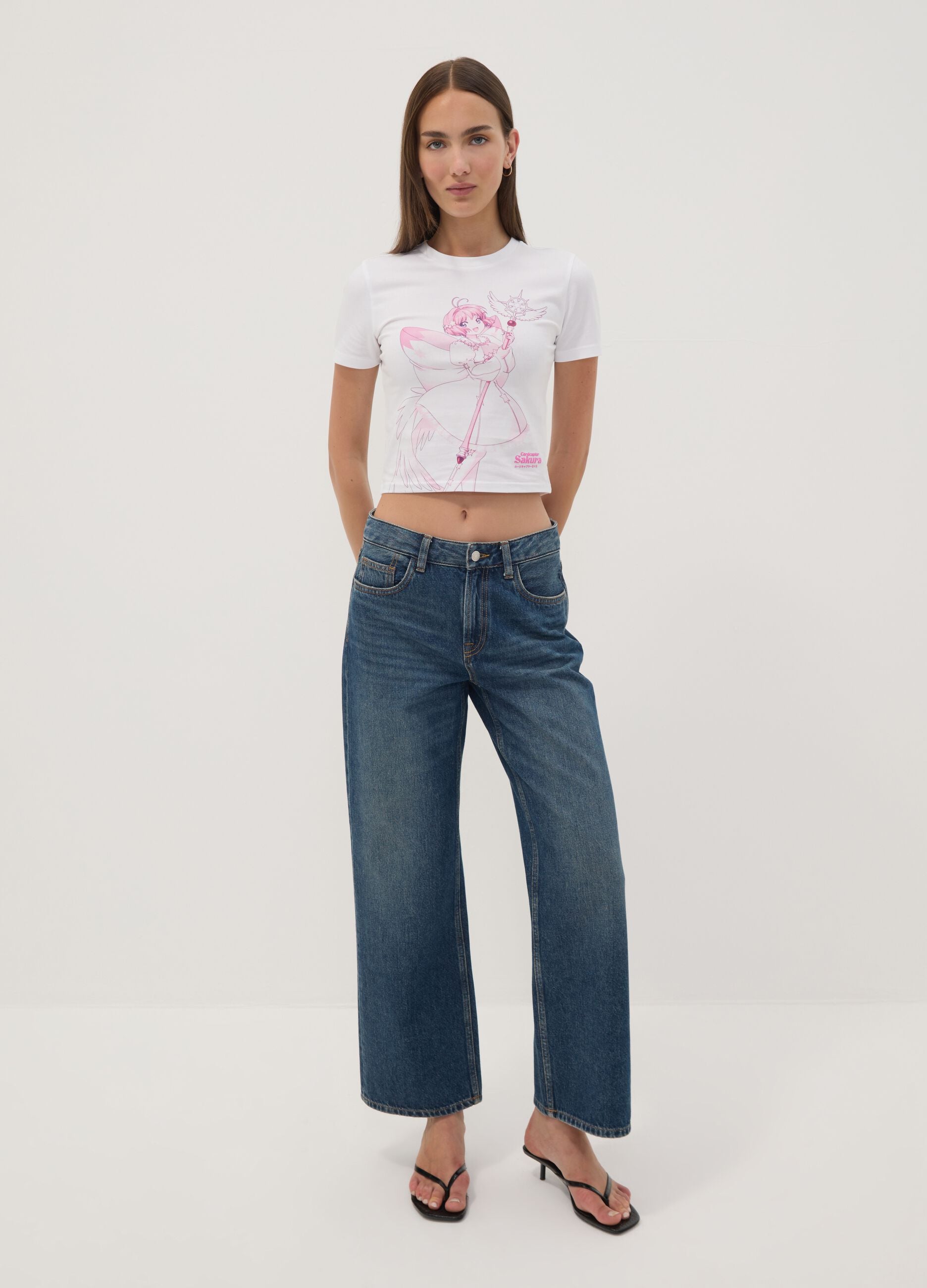 White stretch cotton T-shirt with Sakura print, regular fit