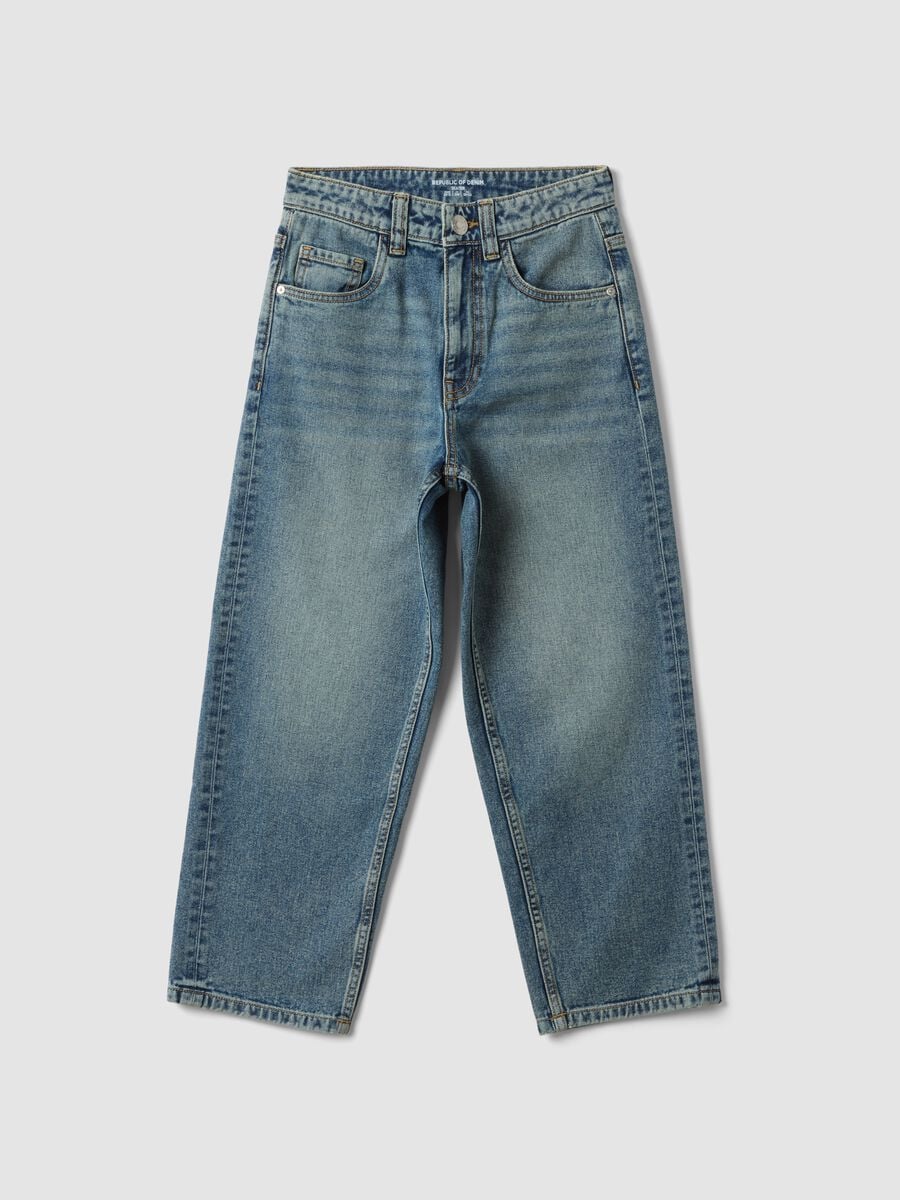 Jeans denim in puro cotone con vita elasticizzata skater fit per ragazzo_3