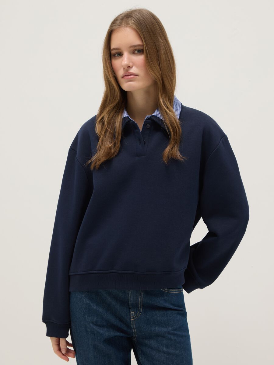 Blue cotton blend jumper with regular fit and contrasting collar_0