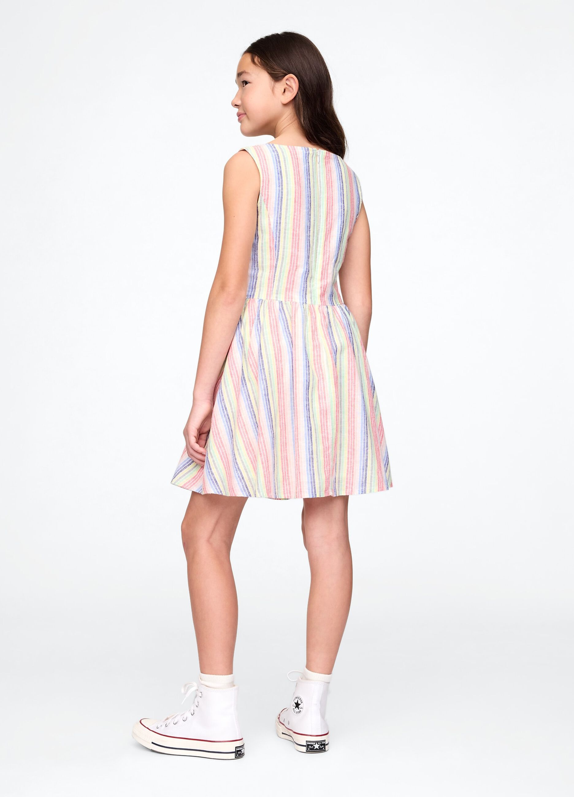 Multicoloured striped linen and cotton dress for girls