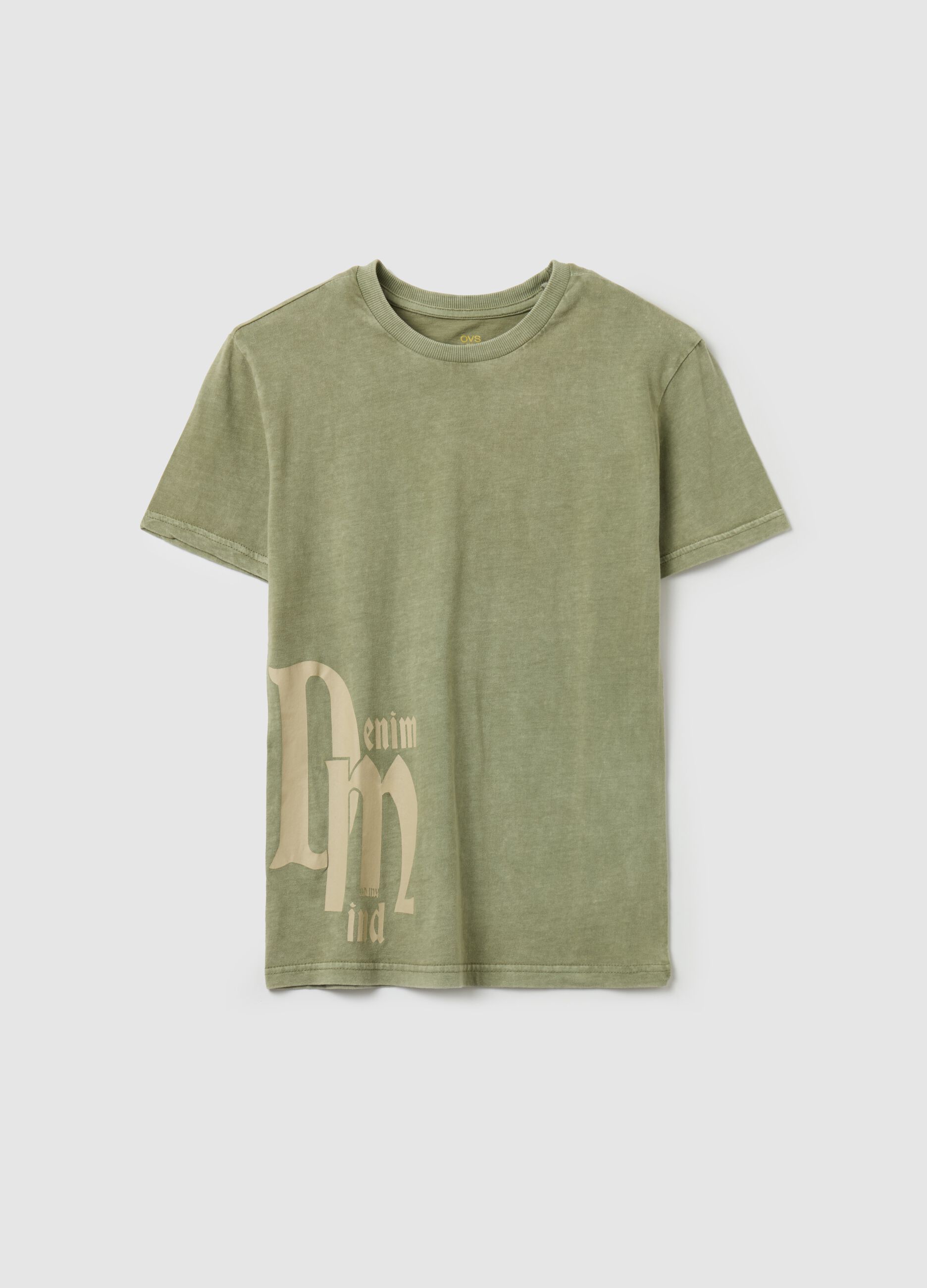 Acid wash T-shirt with "Denim Mind” print