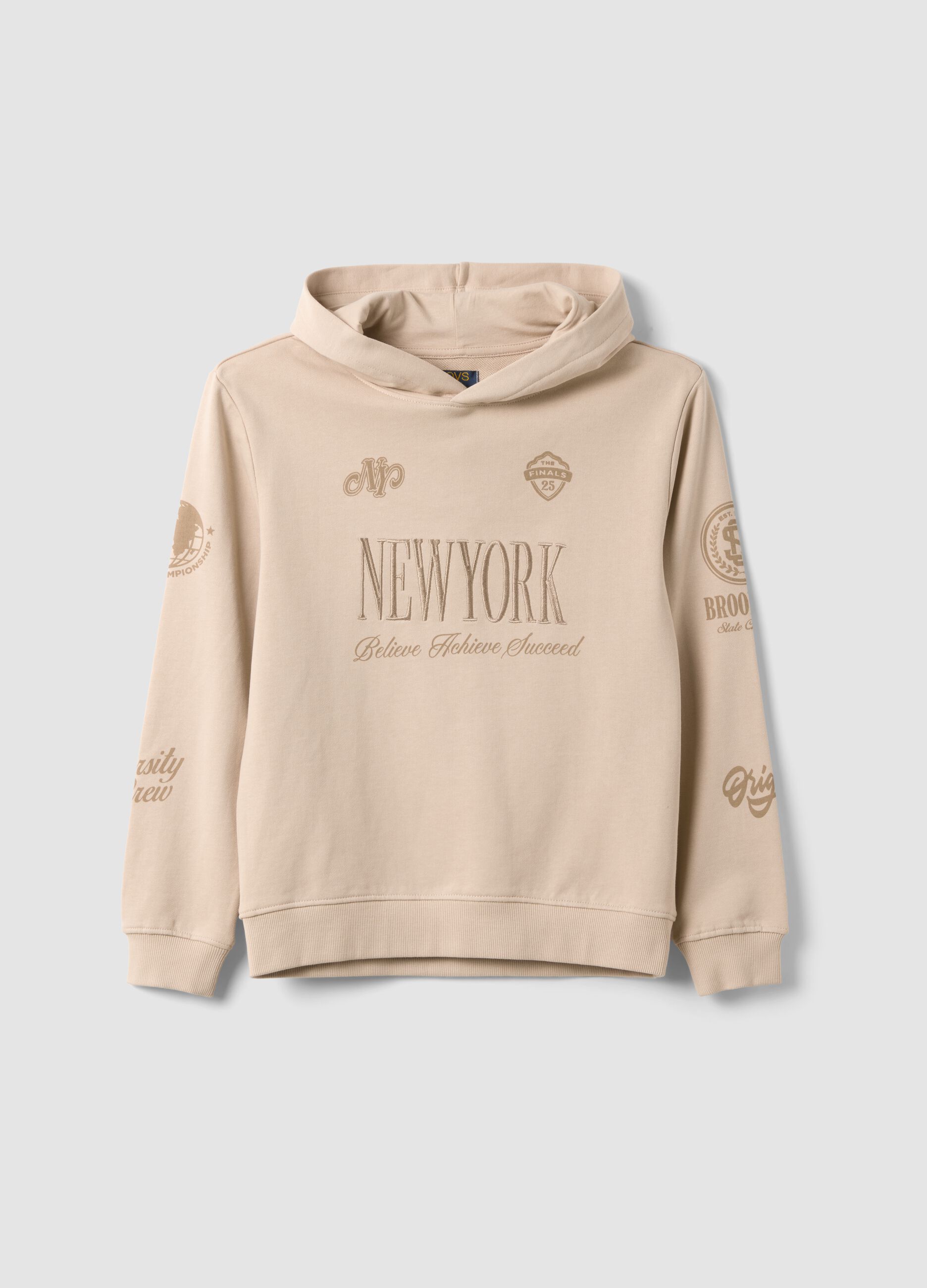 Beige pure cotton hoodie with New York print for boys