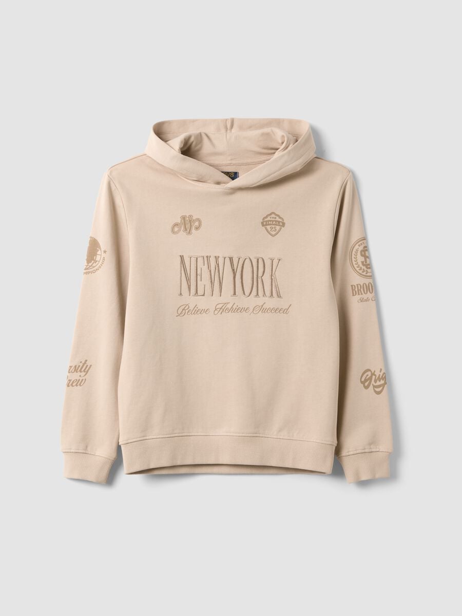 Felpa beige in puro cotone con cappuccio e stampa New York per ragazzo_3