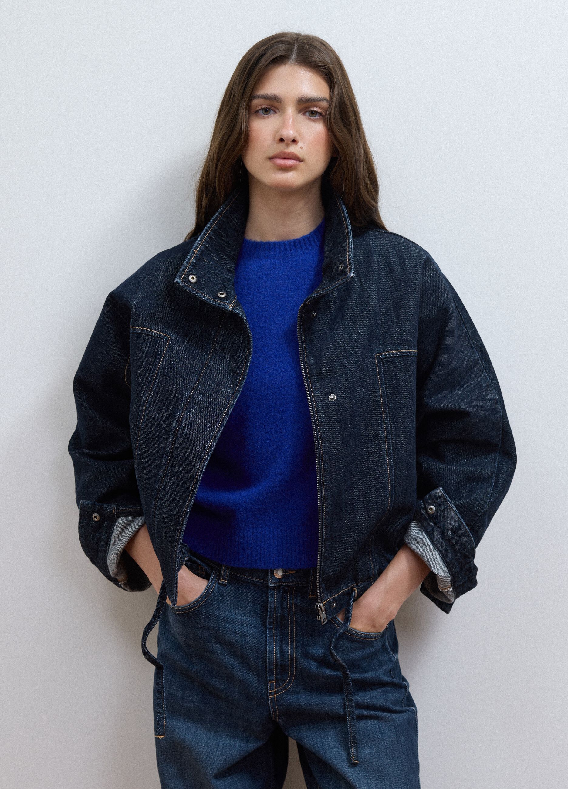 Blue pure cotton denim jacket with zip, oversized fit