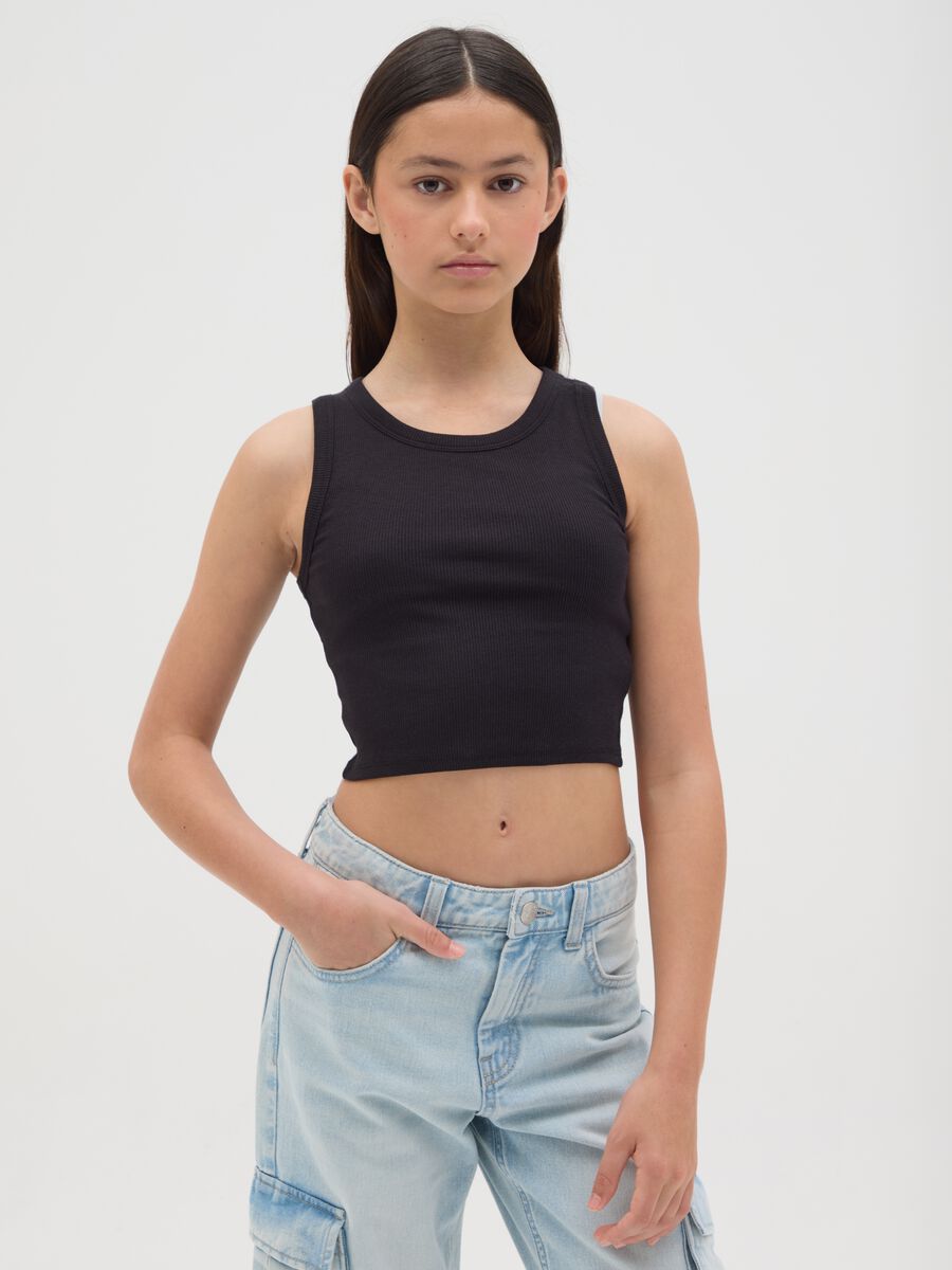 Top da ragazza in cotone elasticizzato nero regular fit_0