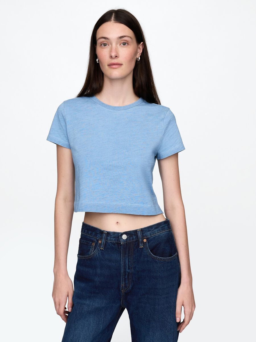 T-shirt cropped azzurra in cotone_0