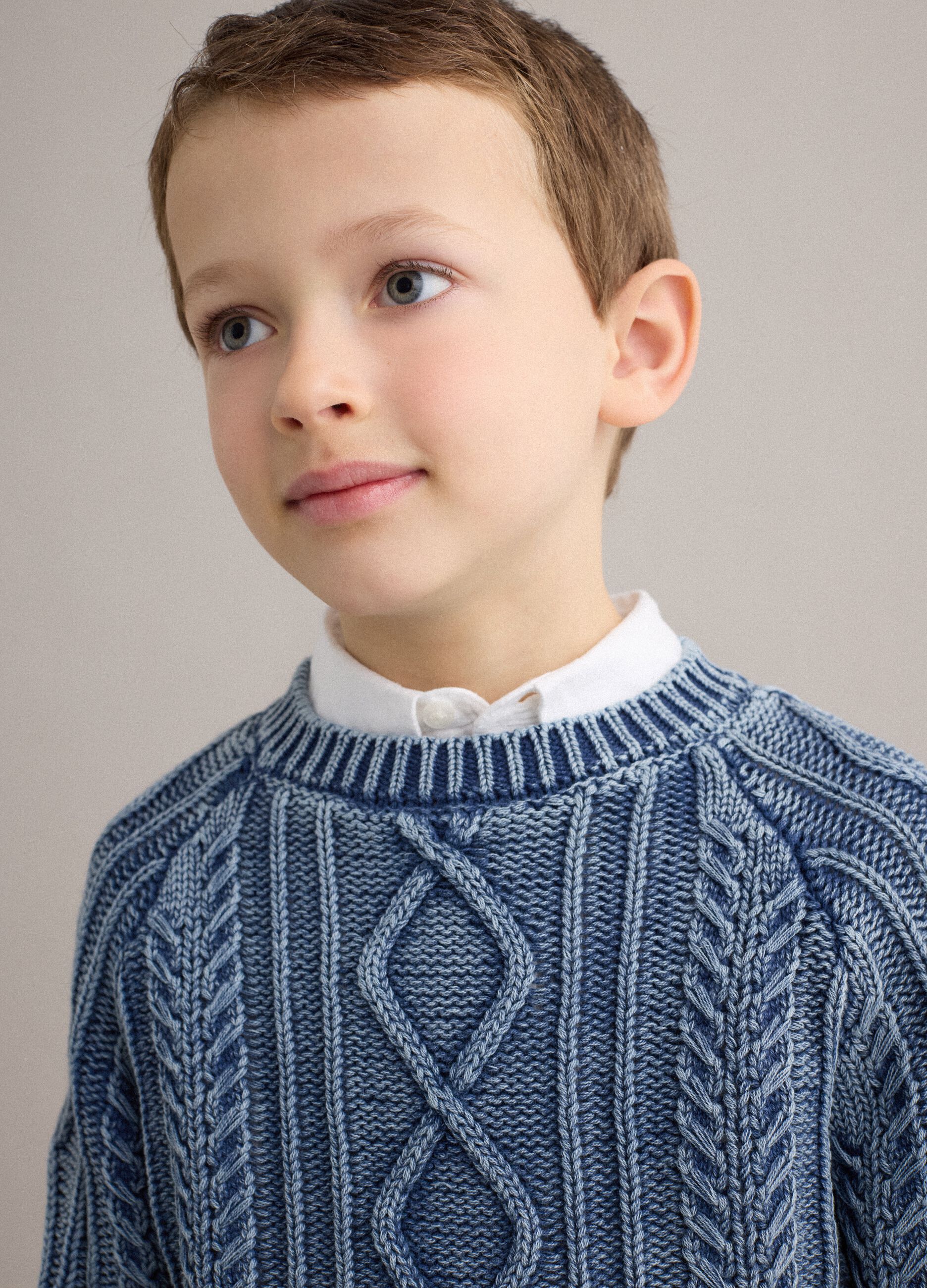 Children's blue pure cotton sweater, regular fit with knitted design
