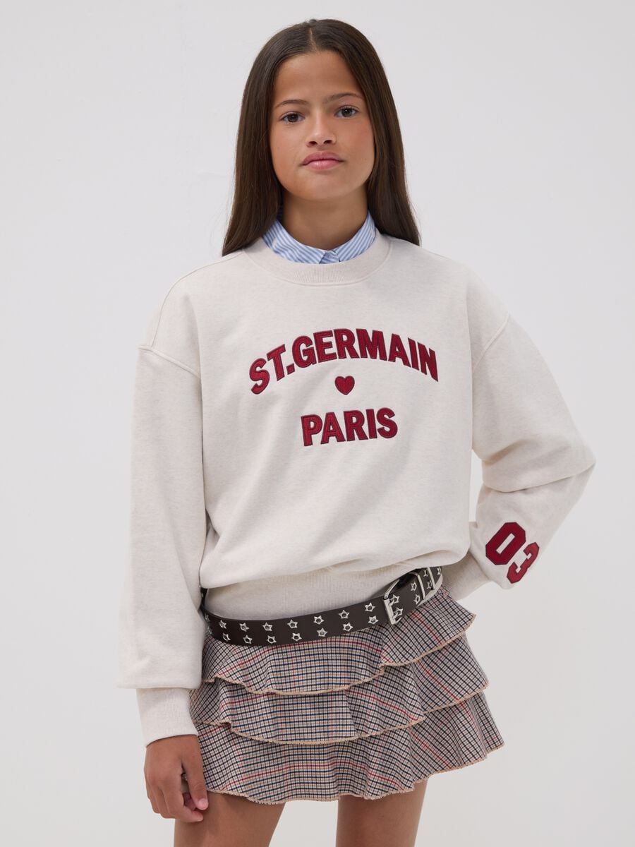 Felpa beige in misto cotone a girocollo con stampa Paris per ragazza_0