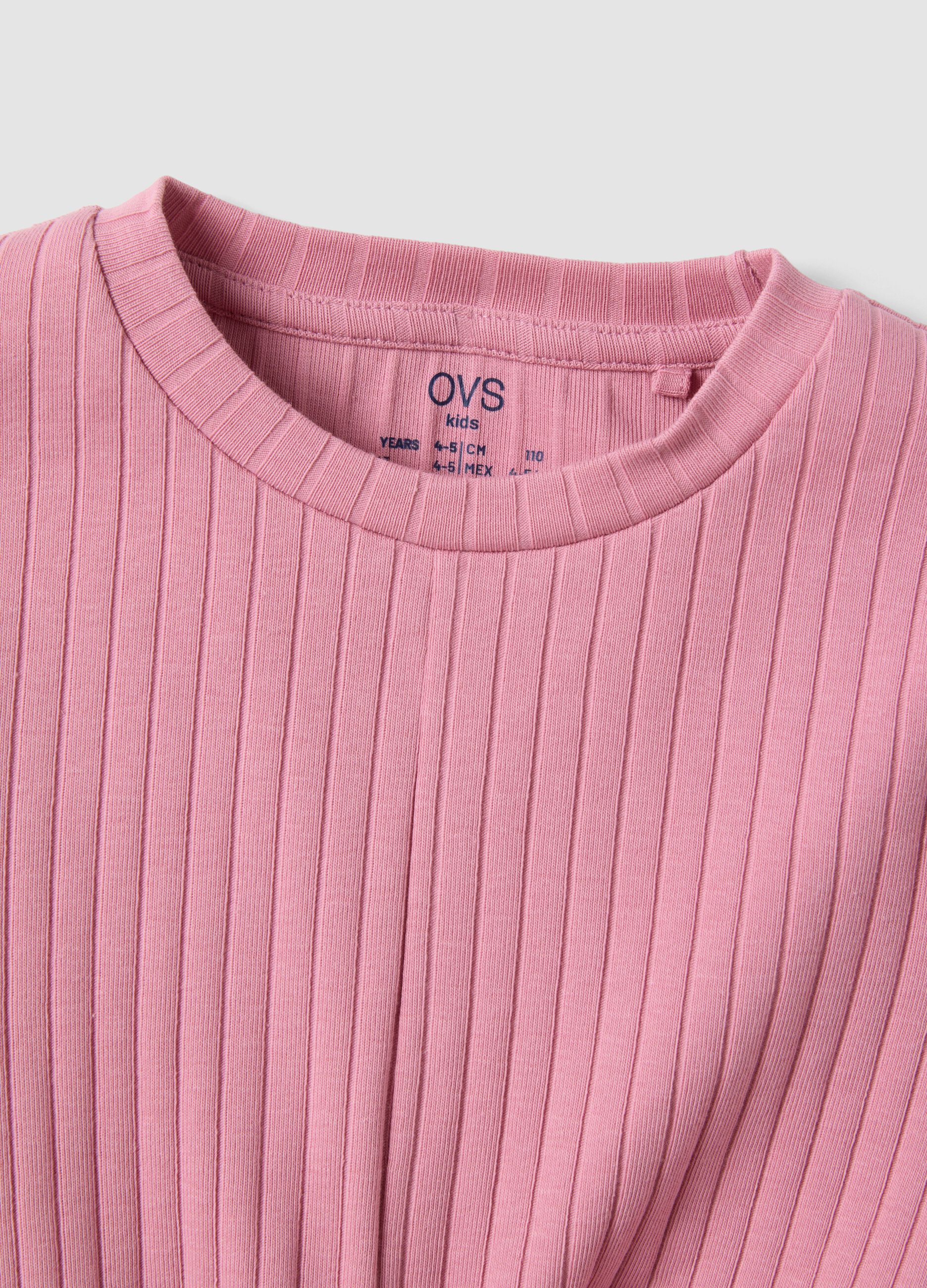 Girls&rsquo; pink cropped ribbed stretch cotton T-shirt