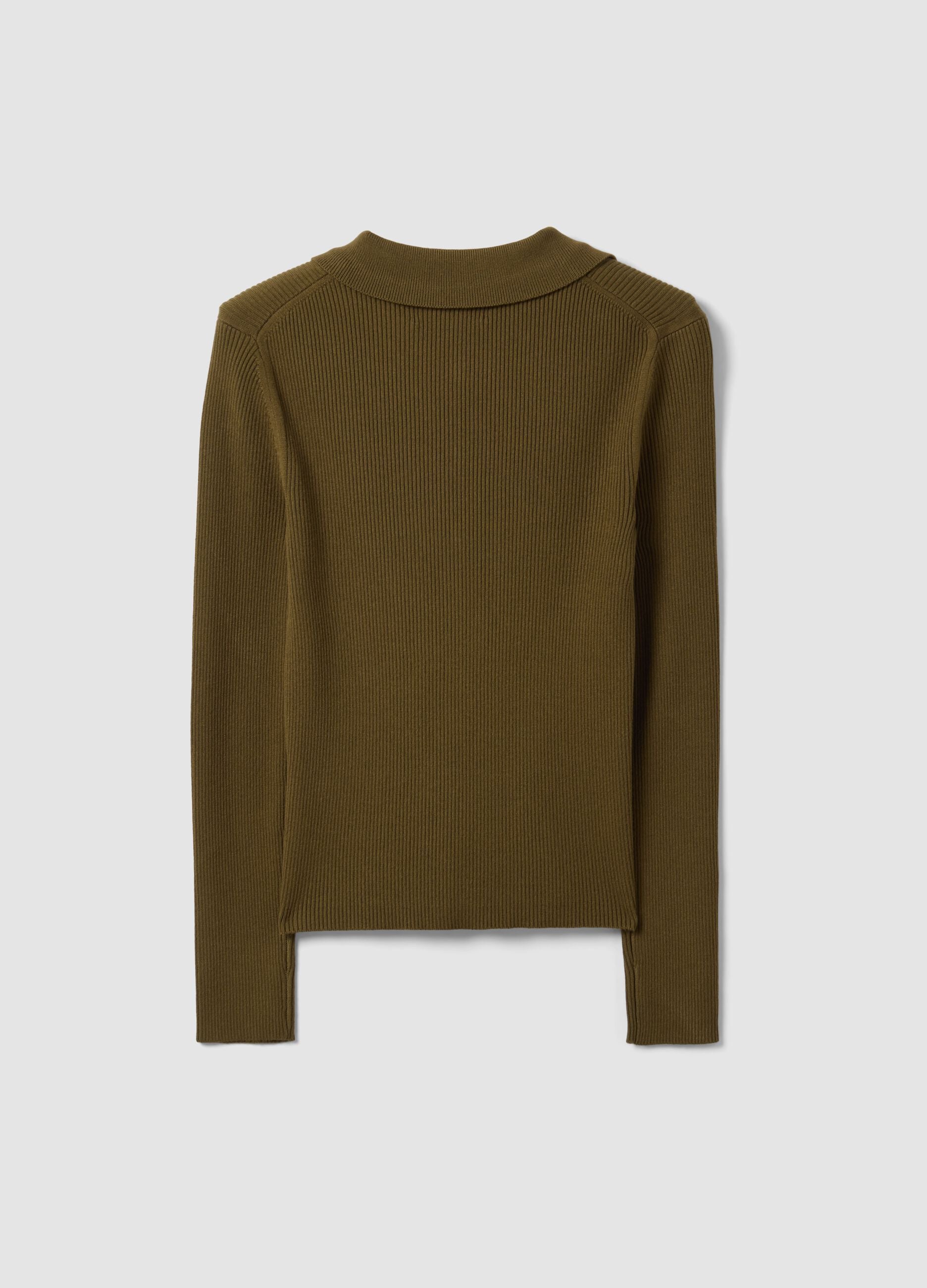 Cardigan fitted verde a coste in misto viscosa con colletto polo