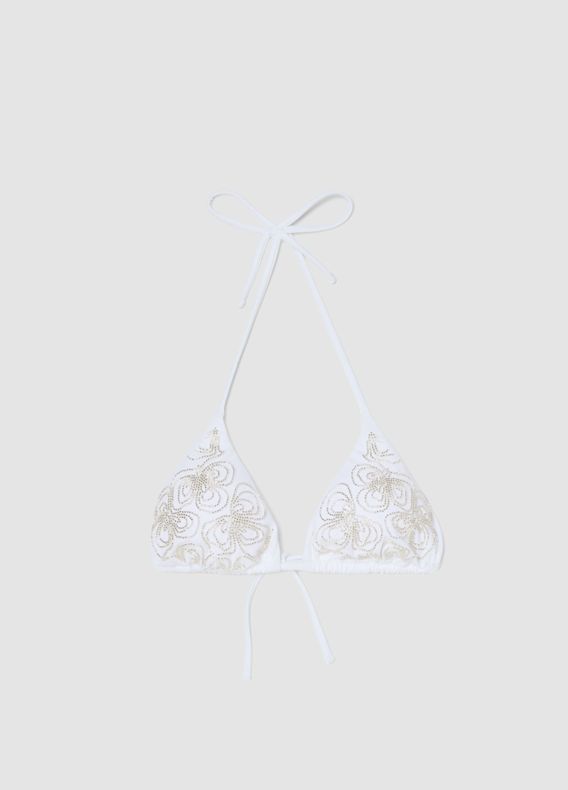 White stretch triangle bikini top with beaded details