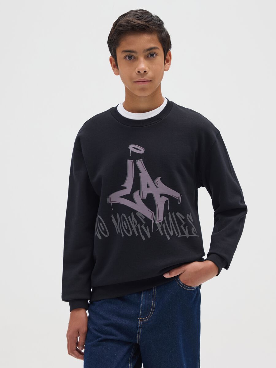 Felpa da ragazzo in puro cotone nera oversize_0