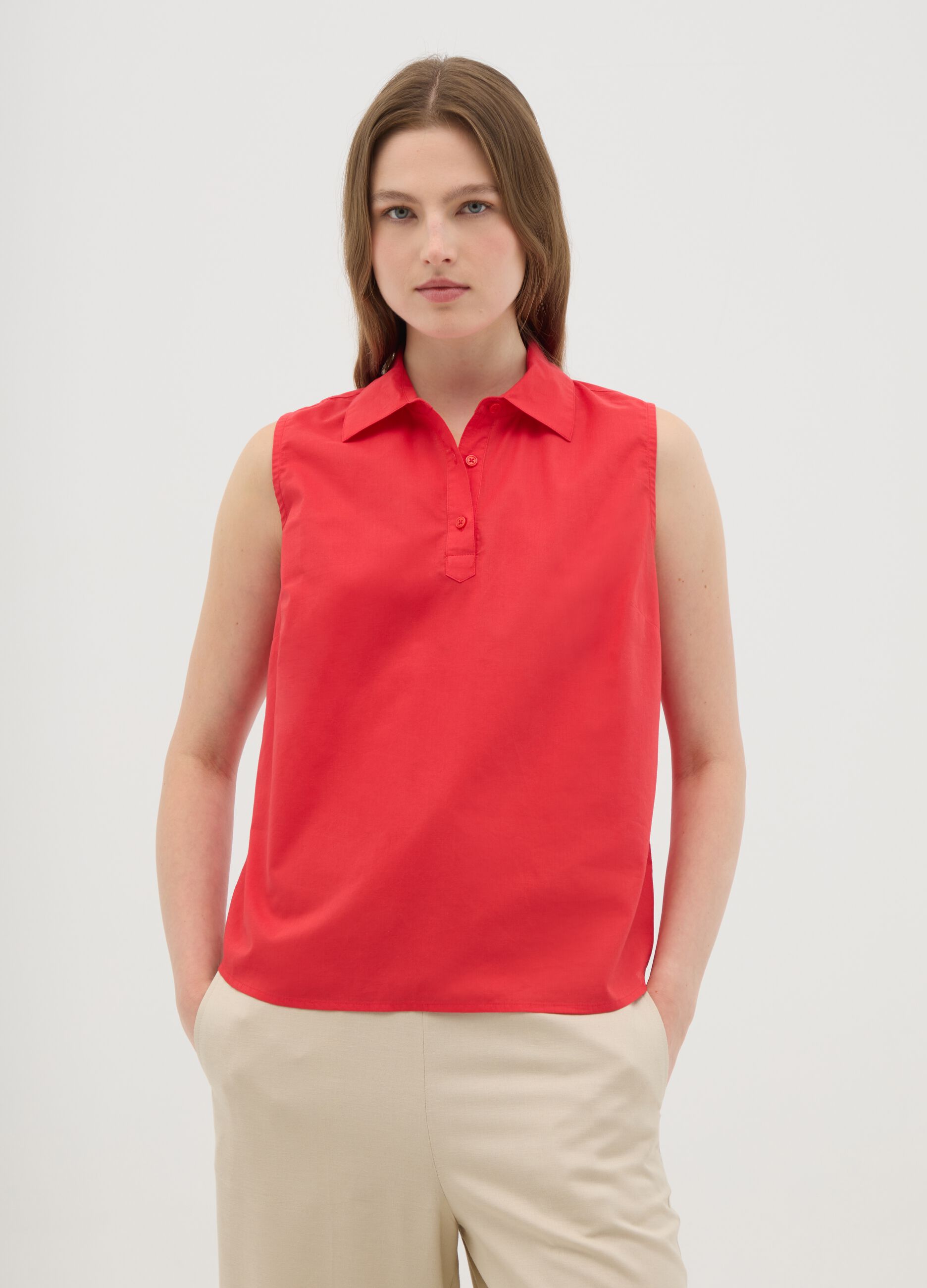 Women's Sleeveless Red Pure Cotton Shirt Regular Fit