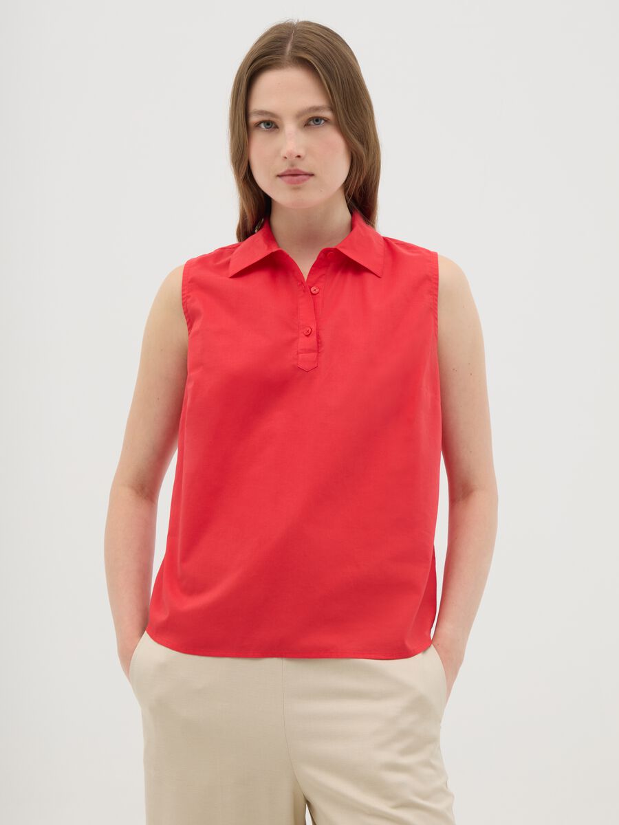 Women's Sleeveless Red Pure Cotton Shirt Regular Fit_0