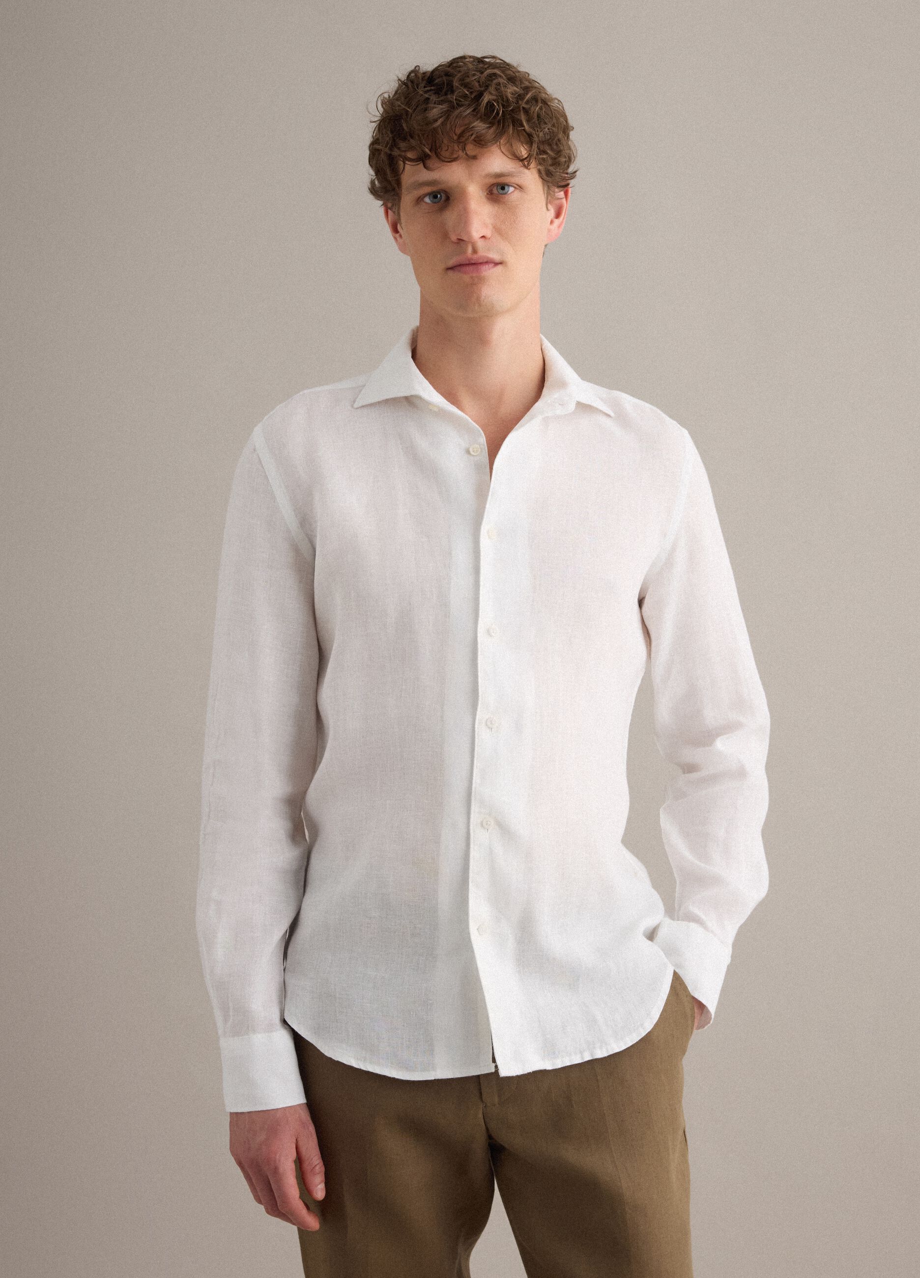 White pure linen long-sleeve slim fit shirt