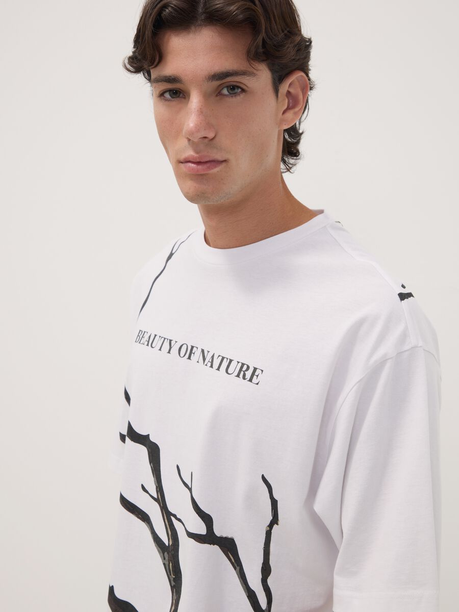 White pure cotton T-shirt with foliage print_2