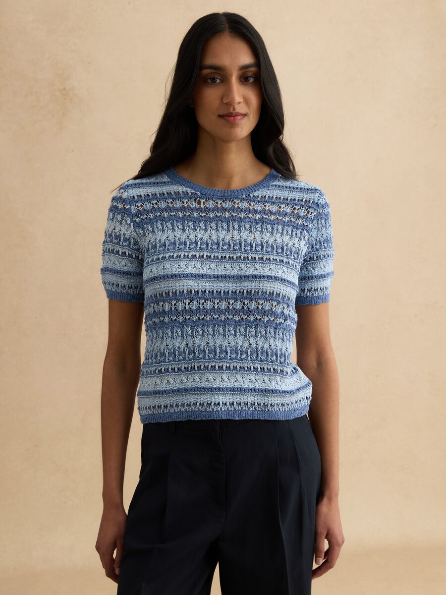 Blue cotton-blend regular fit knit patterned sweater_1