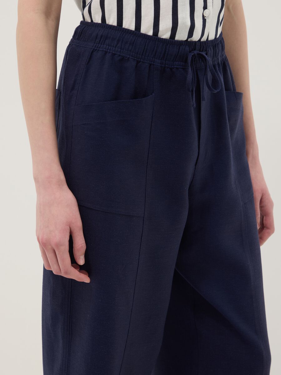Blue viscose and linen blend straight-leg trousers with drawstring_3
