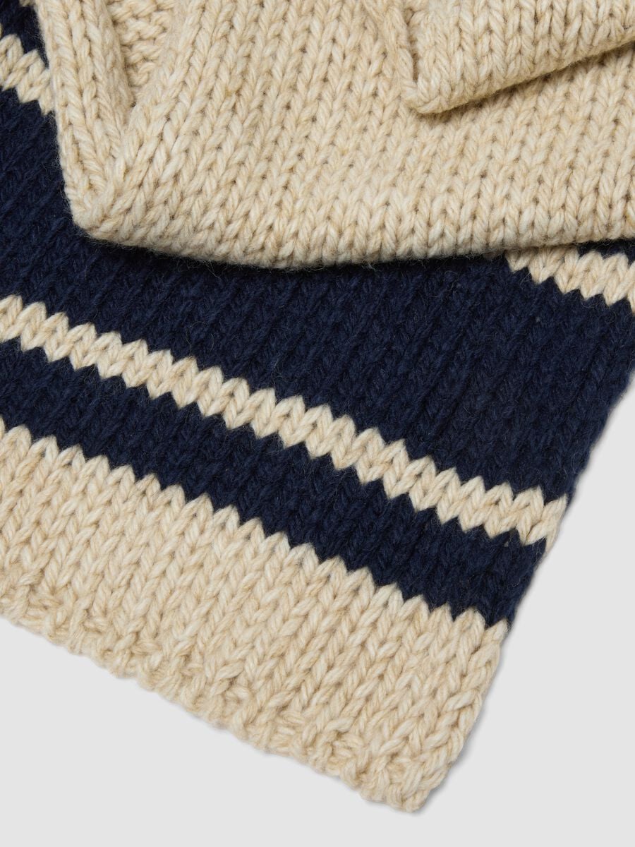 Sciarpa beige in misto lana a maglia con righe blu_2