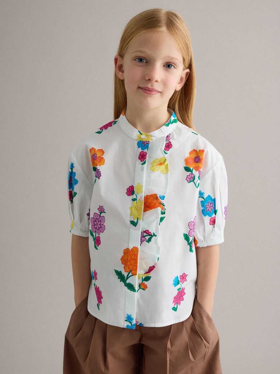 Camicia in puro cotone multicolor da bambina regular fit con fiori_0
