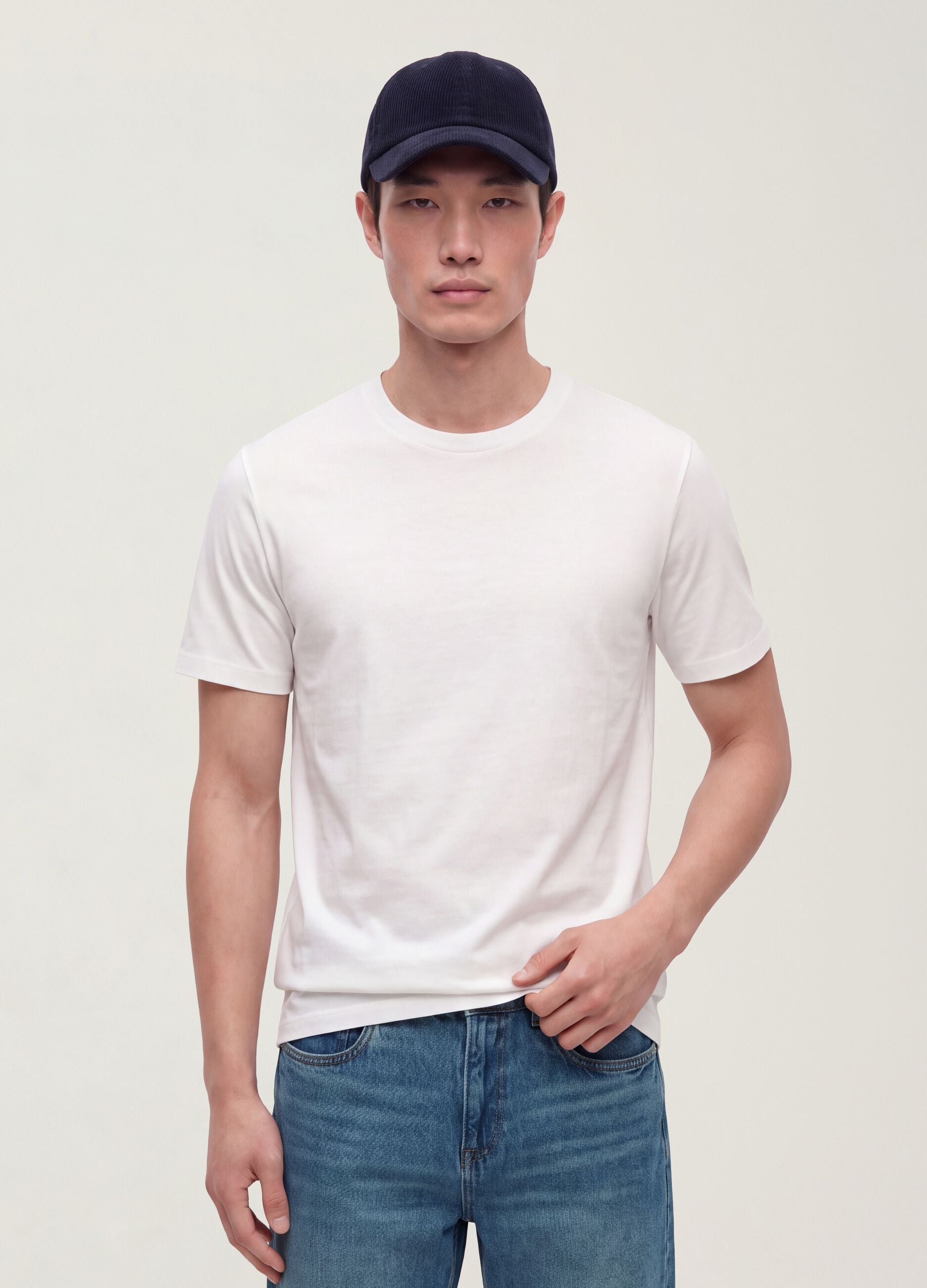 White mercerised pure cotton crew-neck T-shirt, regular fit