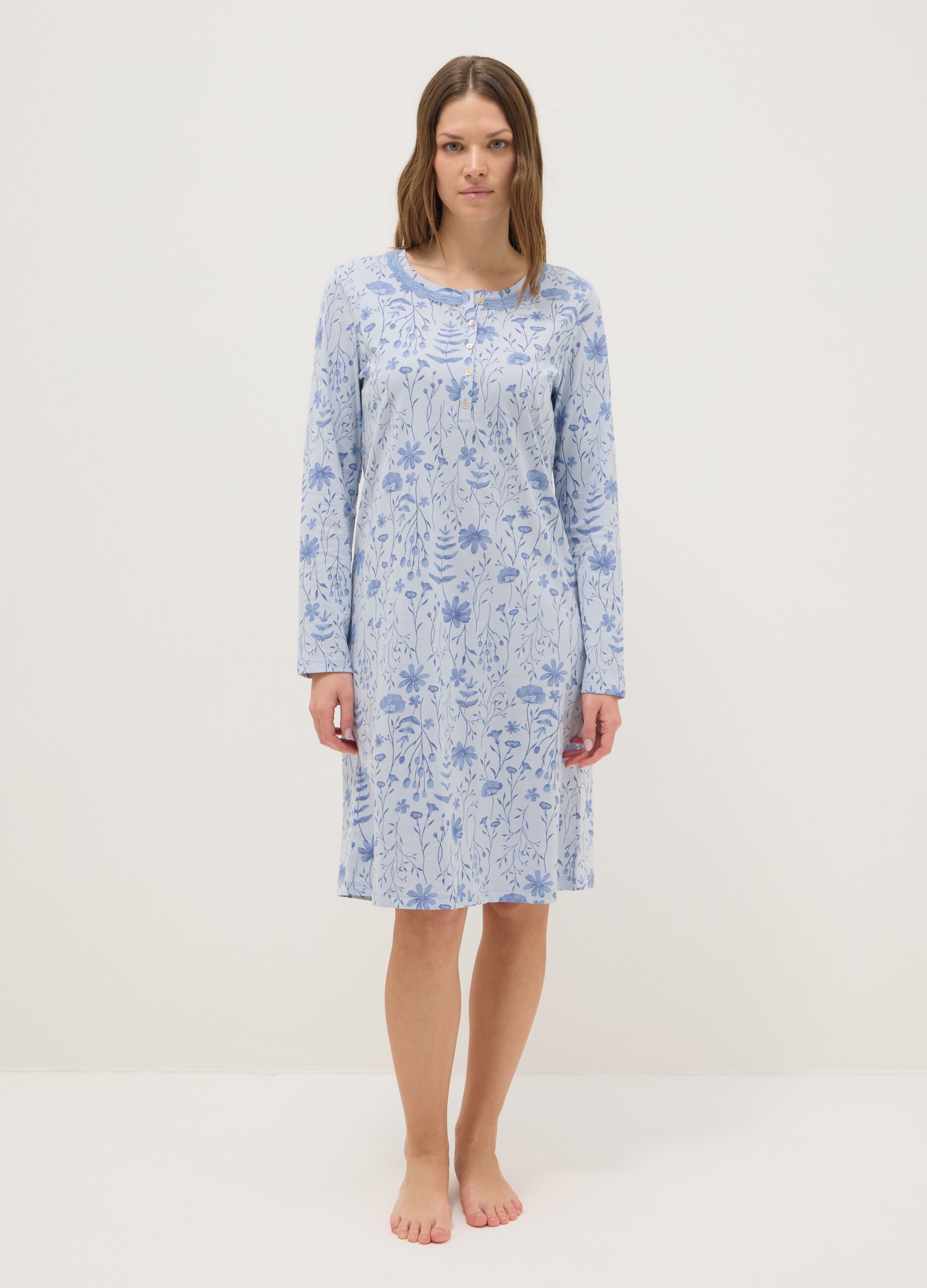 Blue pure cotton nightdress with serafino neckline