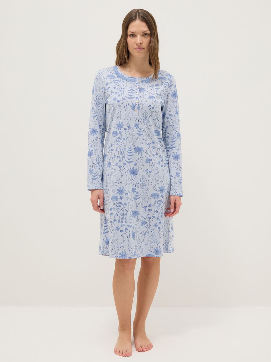 Blue pure cotton nightdress with serafino neckline_0